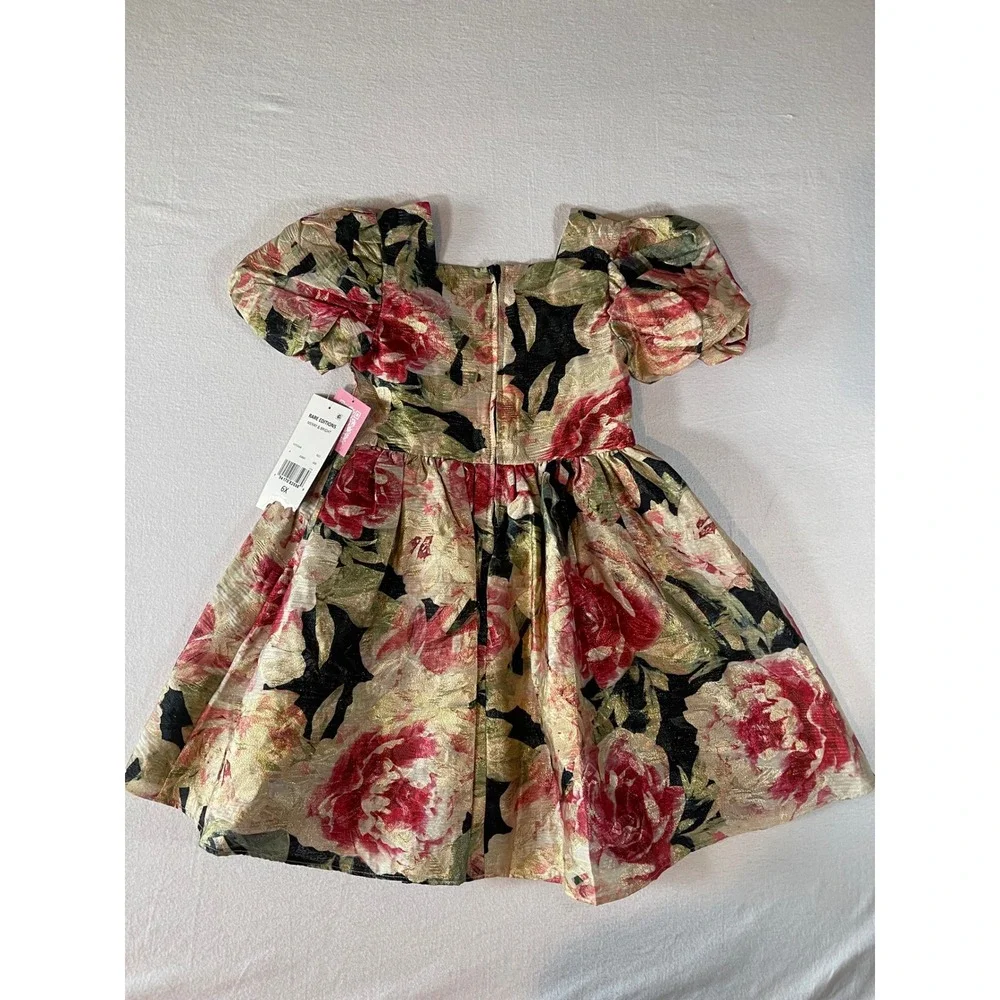 Rare Editions Girls Red Gold Floral Brocade Puff Sleeve Party Dress 6X New